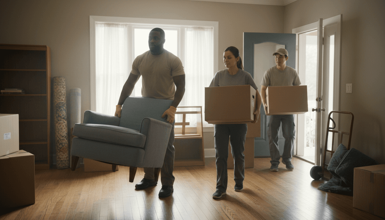 Equipo profesional de mudanzas cargando pertenencias en hogar