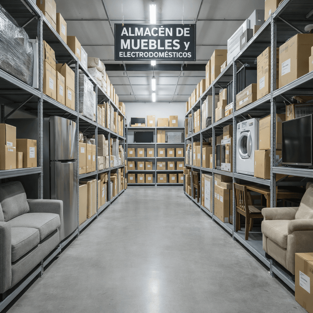 Pasillo de almacén con estanterías metálicas, cajas, muebles y electrodomésticos bajo un cartel central.