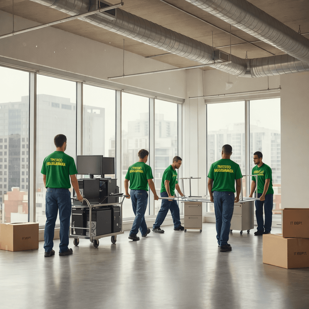Trabajadores con camisetas verdes trasladan equipos y muebles en una oficina moderna con grandes ventanales.