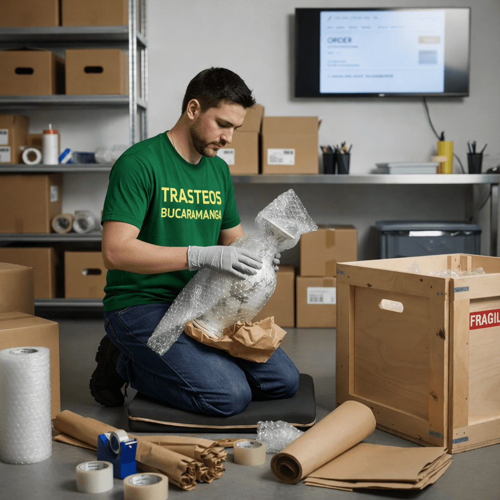 Hombre envolviendo cuidadosamente un jarrón blanco con plástico de burbujas en un almacén.